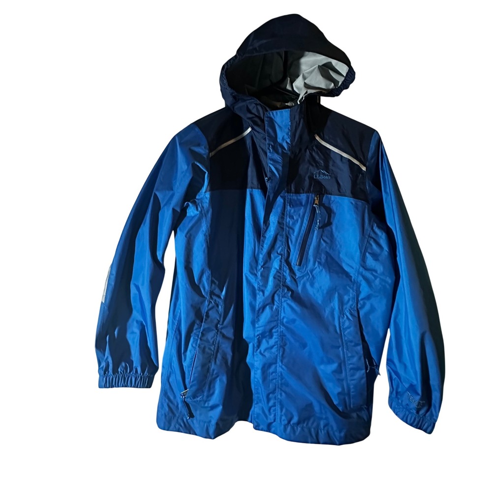 LL Bean TEK O Boys Rain Jacket Blue Hooded Reflective L 14-16